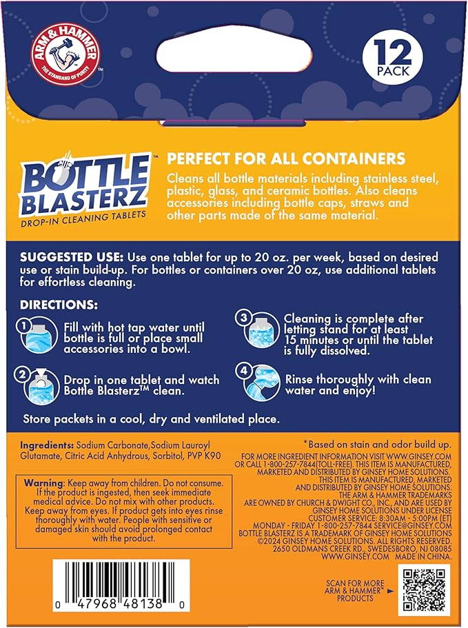 Arm & Hammer Bottle Blasterz - Drop-In Cleaning Tablets - Perfect for Water Bottles, Tumblers, and Coolers - All-Natural Ingredients, Eliminates Odors, Fast-Acting, Individually Packed (12 Count)