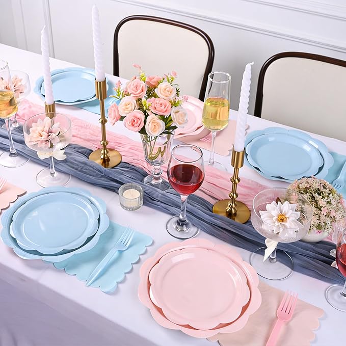 96 Pcs Baby Gender Reveal Plates and Napkins Set Party Supplies, Tableware set for 24 Guest include Light Pink and Blue Scalloped Plates, Napkins and Forks for Baby Shower Gender Reveal Party
