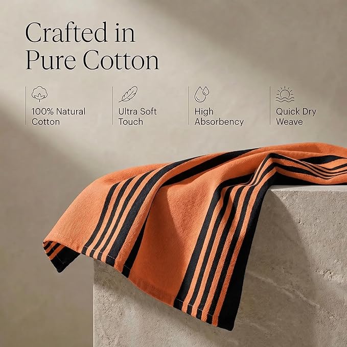 Urban Villa Halloween Kitchen Towels 100% Cotton Set of 6 Dish Towels - 20x30 Inches Highly Absorbent Quick Drying Dish Towels for Kitchen with Hanging Loop Hand & Tea Towels (Orange & Black Striped)