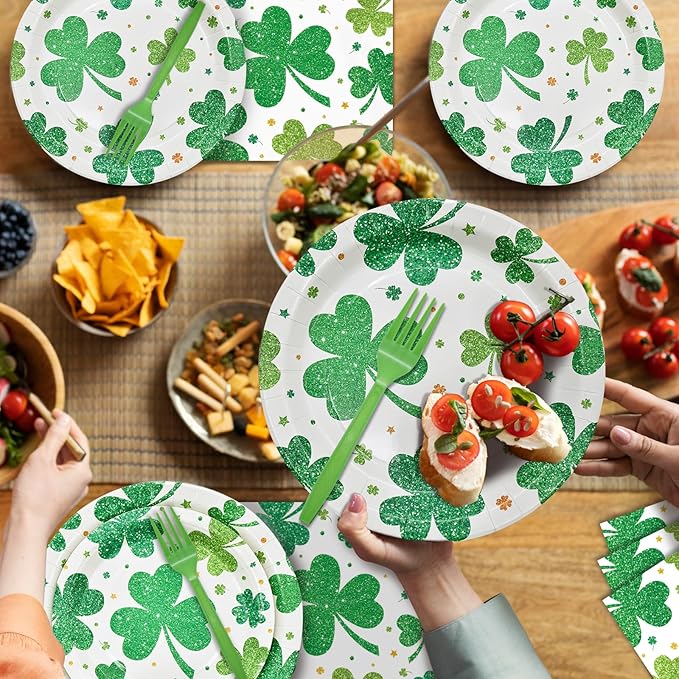 96 Pieces St. Patrick's Day Shamrock Plates and Napkins Tableware Set, Green Lucky Clover Disposable Dinnerware with Paper Plates, Napkins, and Forks for Irish Party Supplies- Serves 24