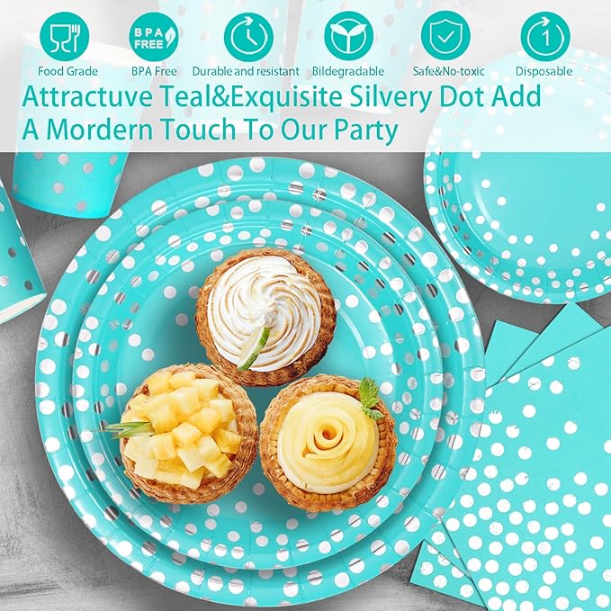350PCS Teal Birthday Decorations and Silver Party Decorations for Wedding Princess,Teal Plates with Silverr Dot and Silverr Plastic Cutlery Serve 50 Guests