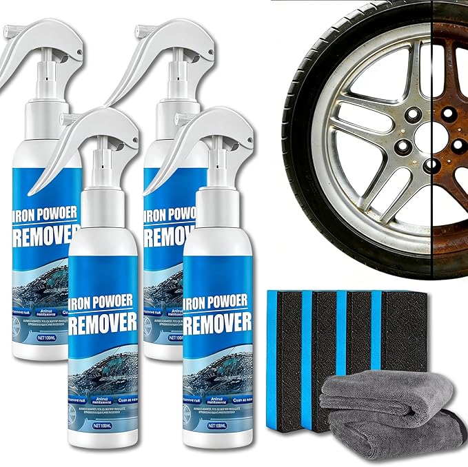 Multi-functional Quick-Acting Rust Removal Spray, Iron Powder Remover for Car and Metal Surfaces, Fast Acting Oxidation Cleaner for Auto Paint, Wheels, Tools, Hardware, Garage Use (4pcs)