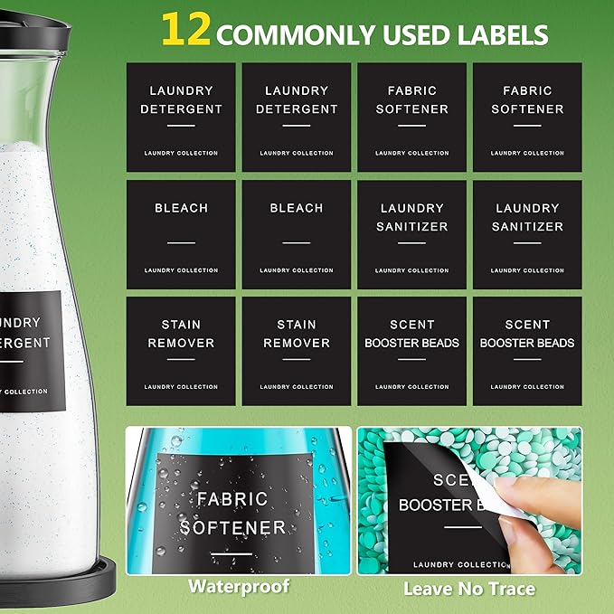 Galasily 4 Pack Laundry Detergent Dispenser Container, 54OZ Liquid Laundry Soap Dispenser with 12 Labels, Black Laundry Room Organization for Powder, and Fabric Softener