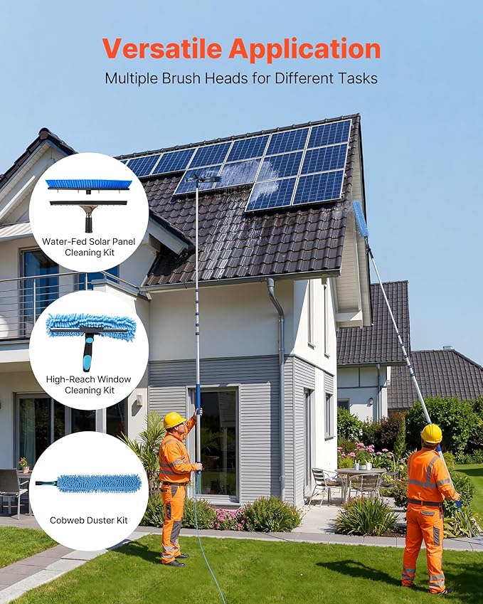 VEVOR Solar Panel Cleaning Kit, 33 ft, Water Fed Pole Kit with Cleaning Brush, Squeegee, Soap Dispenser, Extendable Aluminum Telescopic Pole, 180° Rotatable Brush Head, for Roof Mounted Solar Panels