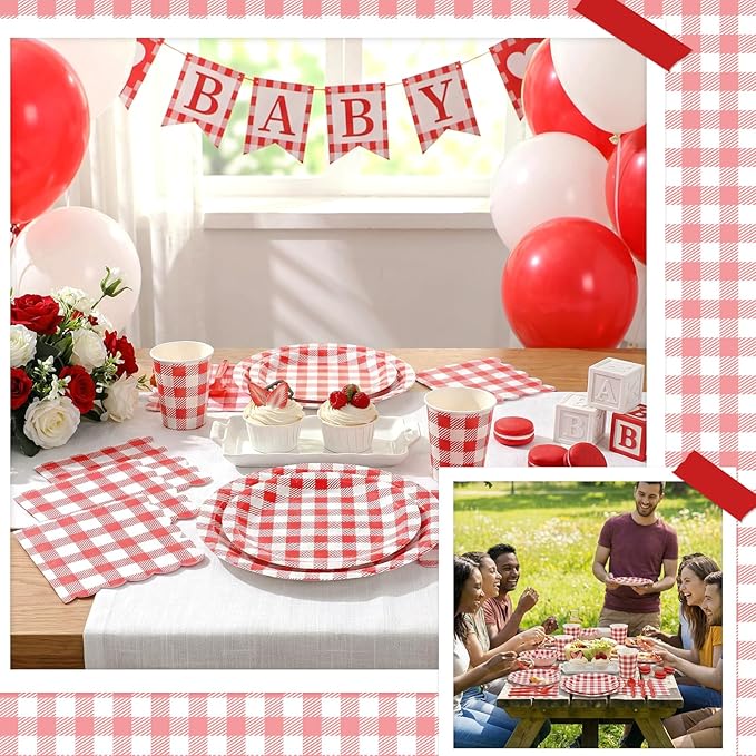 NatNarr 175 Pcs Gingham Party Supplies Include Red Gingham Plates and Napkins Cups Plastic Cutlery Disposable Picnic Party Decorations for Bbq, Pizza, Patriotic, Mothers Day