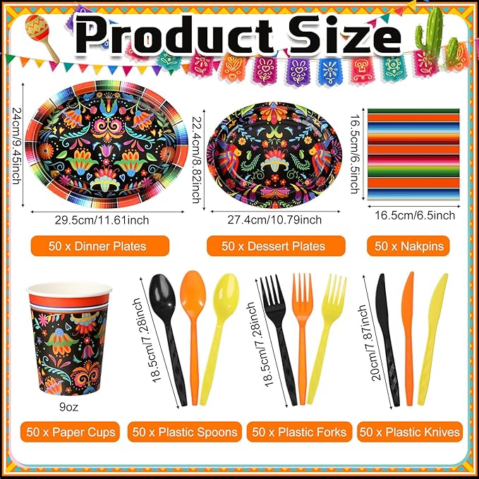 Havawish 350 Pcs Mexican Party Supplies Fiesta Disposable Tableware Set Flower Serape Stripe Oval Paper Plates Cups Napkins Fork Knife Spoon Dinnerware for Cinco De Mayo Mexico Table Decor