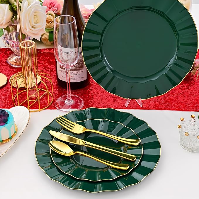 60Pcs Heavy Weight Green Plastic Plates with Gold Trim, Heavy Duty Green Disposable Plate, Elegant Party Plate Sets include 30 Dinner & 30 Dessert Plates for Wedding Party