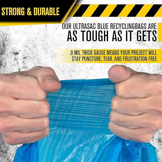 Ultrasac Blue Recycling Bags 33 Gallon 0.9 MIL, 33.5" x 38" - Pack of 45 - For Recycling, Kitchen, Industrial, & Commercial