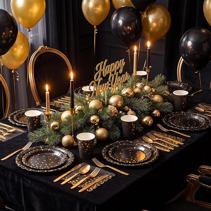 175 Pcs Black and Gold Plates and Napkins, Disposable Black Gold Dinnerware Include Scalloped Party Plates Napkin Cups Plastic Cutlery for Men Birthday Graduation Retirement Congratulations
