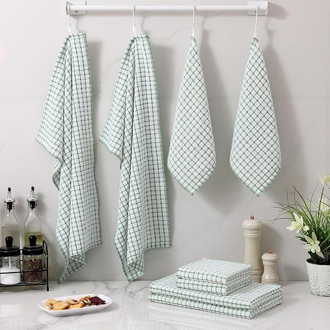 Homaxy Kitchen Towels and Dishcloths Set, 16 x 25 and 12 x 12 Inches, Set of 12 Cotton Terry Kitchen Dish Towels, Super Soft and Absorbent Dish Cloths, Grass Green