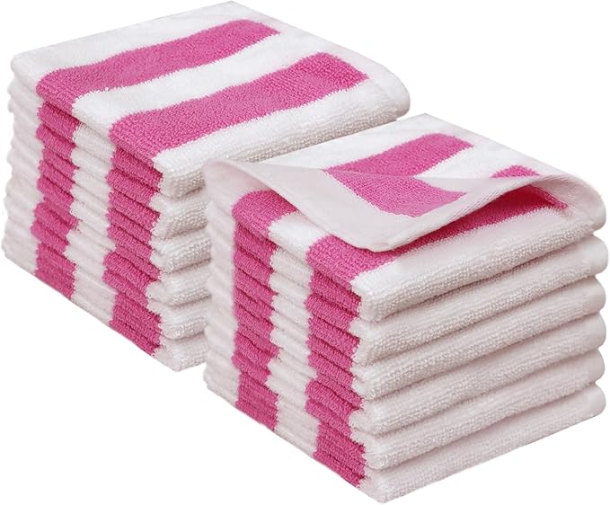 ORIGINAL KIDS Wash Cloth - Set of 12 Cabana Stripe Washcloths - 100% Cotton Yarn-Dyed Terry - 450 GSM Quick Dry Soft Absorbent Gentle Baby Face Towels for Bathroom Travel Daycare - 12x12 - Pink White
