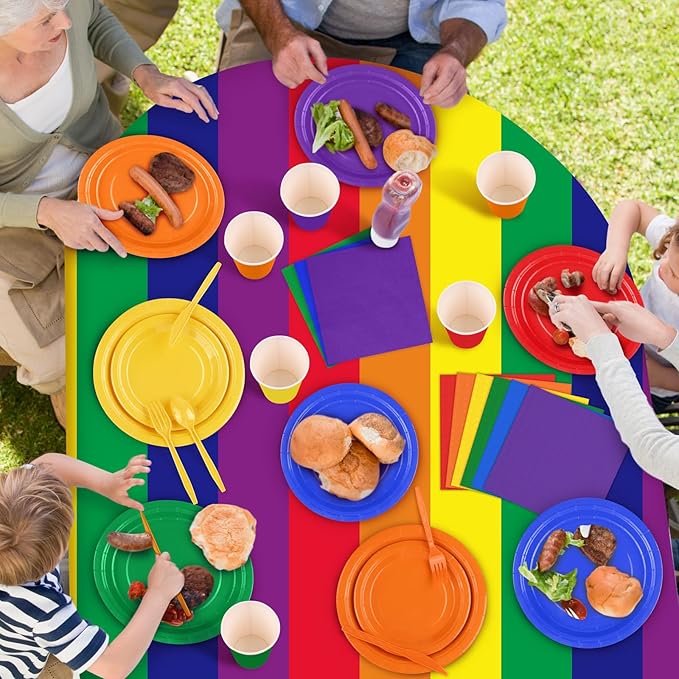 Kochorie 169 Pieces Rainbow Party Supplies Disposable Dinnerware Set Include Plates and Cups Napkins Plastic Forks Knives Spoons Tablecloth for Wedding Birthday Party Decorations, Serve 24 Guests