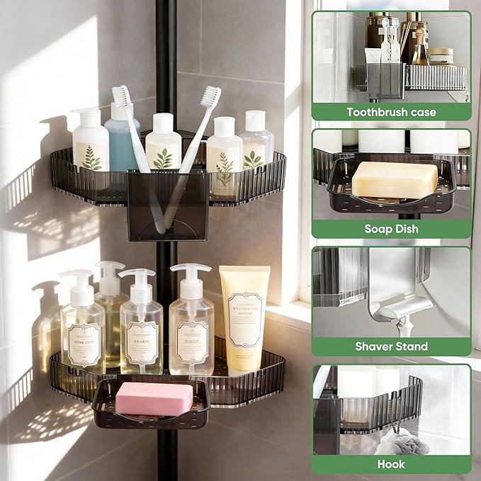 4 Tier Corner Shower Caddy with Modular Poles ABS Basket & Carbon Steel Shower Organizer Adjustable Tension Rod Screw Free Shower Caddy Wall Mounted Rack Shelves Storage Bathroom Accessories
