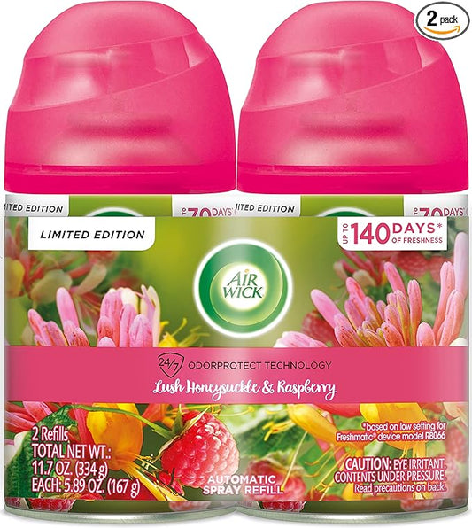 Air Wick Automatic Air Freshener Spray Refill, Lush Honeysuckle & Raspberry, Essential Oils, Odor Neutralization