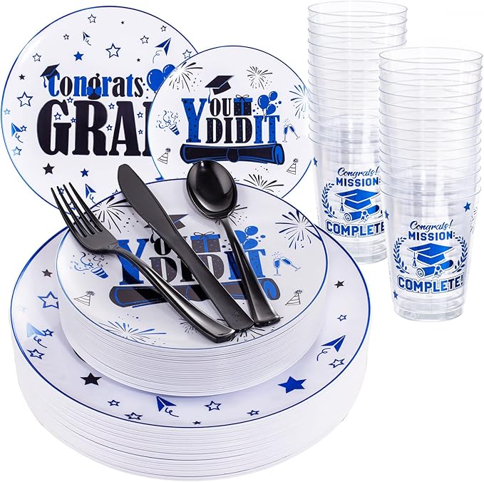 Liacere 150PCS Graduation Plastic Plates - Black and Blue Plastic Plates, Party Plates include 50Plates 25Knives 25Forks 25Spoons 25Cups for Graduation Party
