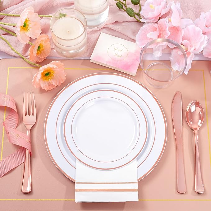 GATHER 350PCS Rose Gold Plastic Plates - Disposable Rose Gold Dinnerware Sets Includes 100 Gold Rimmed Plastic Plates, 150 Silverware, 50 Napkins, 50 Cups for Party, Wedding