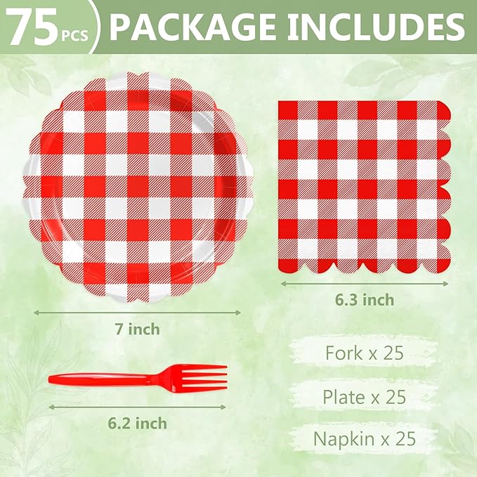 Mulbozy 75 Red Gingham Plates and Napkins Disposable Set Includes 25 Dessert Cake Scalloped Plates, Cocktail Napkins & Forks, for Fork 25 Guests Holiday Party Supplies.