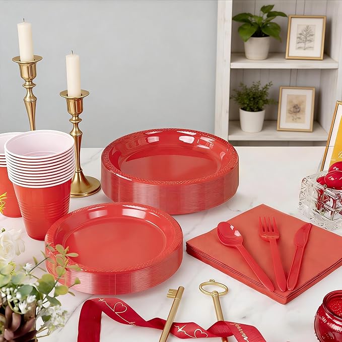 WELLIFE 210 PCS Red Plastic Plates for 30 Guests - Disposable Dinnerware Set Including Dinner Plates, Dessert Plates, 12oz Cups, Cutlery & Napkins, Red Disposable Plates for Valentines