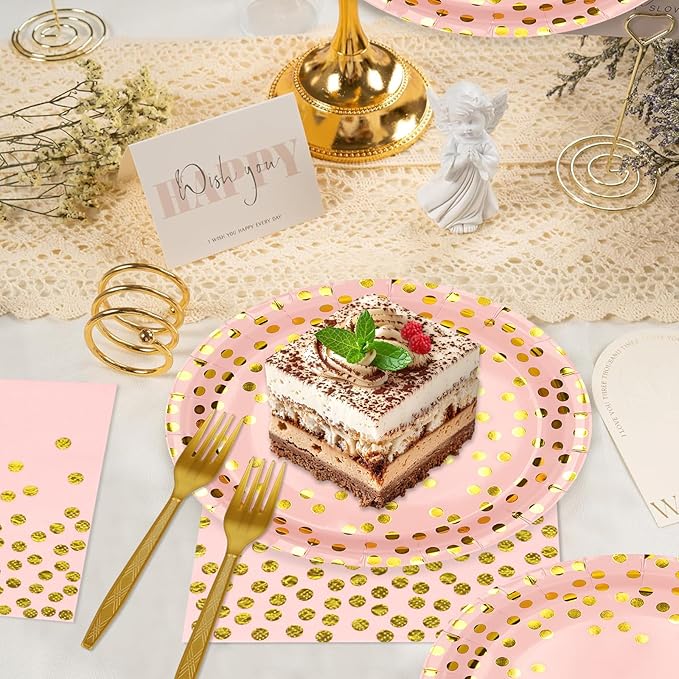 Pink and Gold Paper Plates and Napkins Party Supplies,Serves 25 Guests Pink Gold Plates and Napkins,Disposable Paper Tableware Set for Birthday Wedding Bridal Shower Baby Shower Decorations