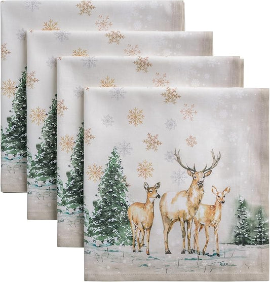 Maison d' Hermine Cloth Napkins Set of 4 100% Cotton for Thanksgiving Christmas Decorations Everyday Reusable Square Fall Napkins Cloth Washable Dinner Party (Deer in The Woods, 20"x20")