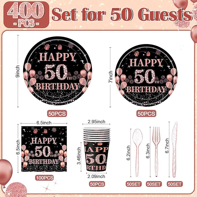 Pickmesh 400 Pcs 50th Birthday Decorations for Women, Includes 50th Birthday Plates, Napkins, Cups, and Cutlery for Party Favors, Cheer to 50 Year for Her, Serves 50 Guests