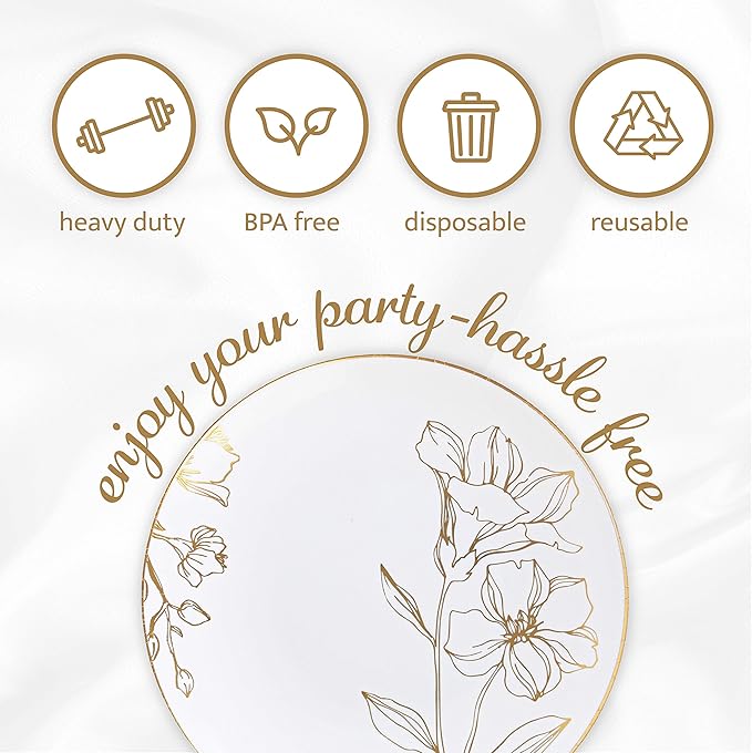 [6'' Plates 10 Count] White Plastic Floral Design Party Plates With Gold Rim Premium heavyweight Elegant Disposable Tableware Dishes
