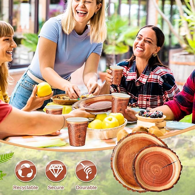FillTouch 350 Pcs Camping Wood Grain Slice Party Supplies Set Rustic Camo Hunter Disposable Paper Plates Napkins Cups Cutlery Hunting Knives Fork Spoon for 50 Guests Camping Party Baby Shower Birthday