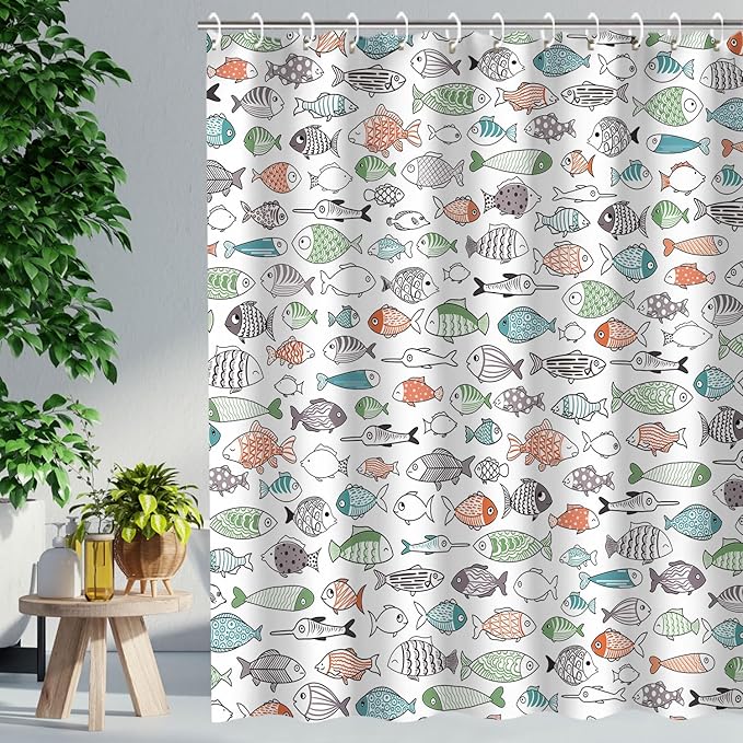 RosieLily Colorful Fishes Shower Curtain, Kids Shower Curtains Set with 12 Hooks, Waterproof Shower Curtain for Bathroom, 72 x 78 Inch, Cartoon Fun Fishes Ocean Animals Bath Curtains