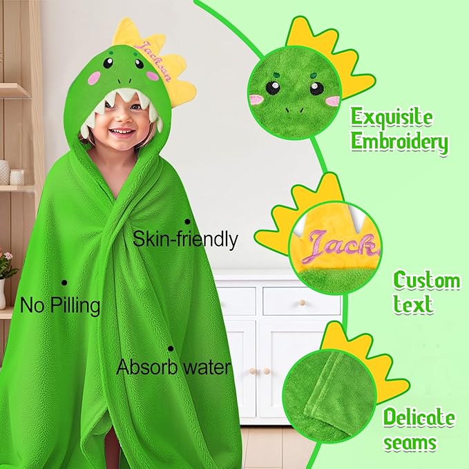 Baosity Custom Hooded Baby Towel with Name, Personalized Soft Absorbent Dinosaur Bath Towel, Shower Towels for Girls Boys, Easter Brithday for Kids Baby, Toddler, Newborn Essential