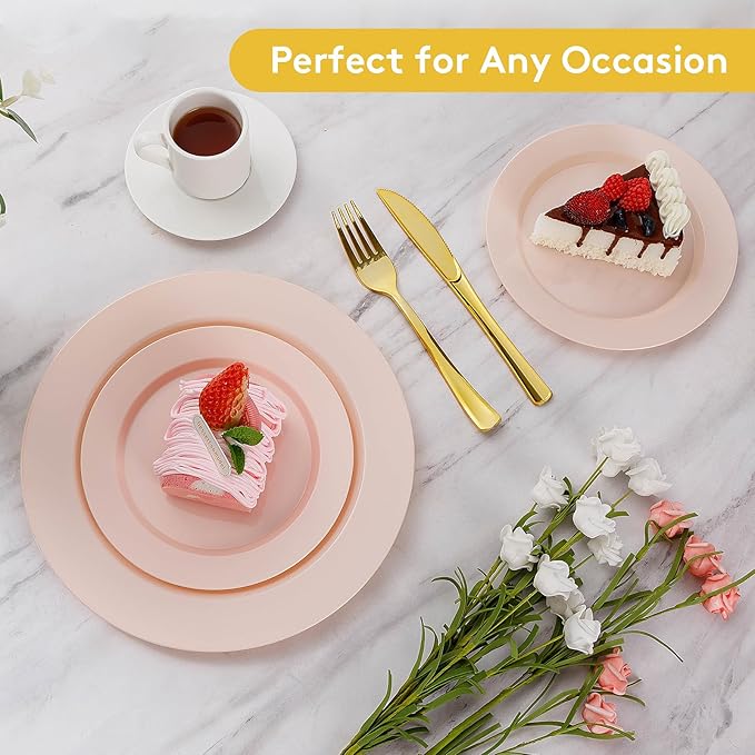 Goodluck 200PCS Disposable Pink Plastic Plates, Heavy Duty Disposable with 100 10.25 inch and 100 7.5 inch Dessert Plates for Party, Wedding, Baby Shower