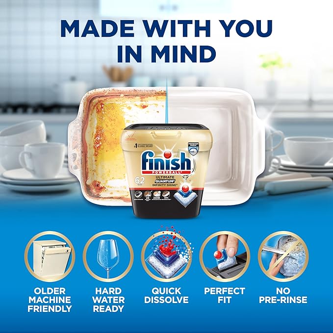 Finish Ultimate Infinity Shine Dishwasher Pods, No Pre-Rinse Dishwasher Detergent Soap Removes Burnt-On Stain, with Protector Shield & CycleSync Technology, Degreasing & Scrubbing Power, 62 Count