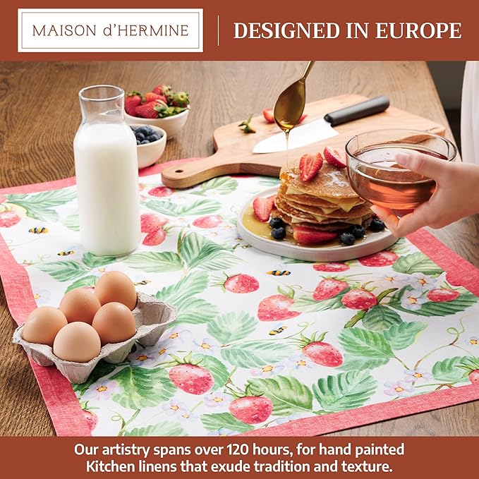 Maison d'Hermine Kitchen Towels Set of 2 100% Cotton 27.50" x 20" Reusable Cloth Tea Dish Towels Absorbent with Hanging Loop for Kitchen, Home, Dining, Cocktail Parties (Strawberry Summer)