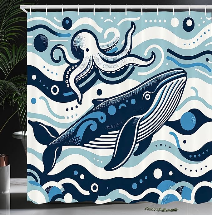 Ambesonne Nautical Shower Curtain, Simple Cartoon Illustration of Funny Ocean Waves Whale and Octopus Characters, Cloth Fabric Bathroom Decor Set with Hooks, 69" W x 84" L, Sea Blue White