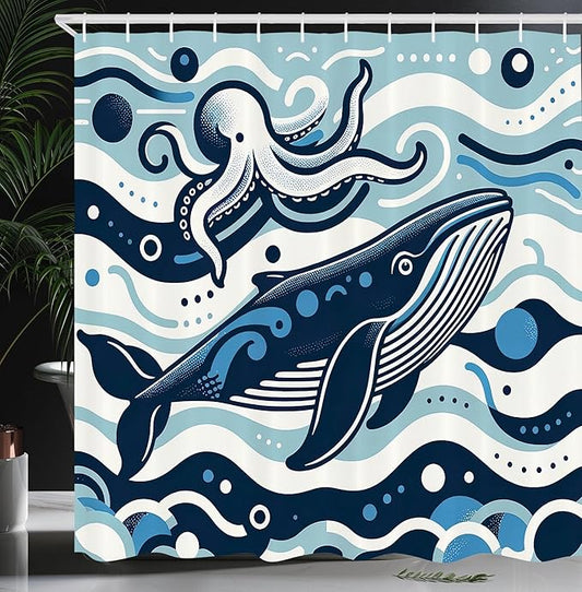 Ambesonne Nautical Shower Curtain, Simple Cartoon Illustration of Funny Ocean Waves Whale and Octopus Characters, Cloth Fabric Bathroom Decor Set with Hooks, 69" W x 84" L, Sea Blue White