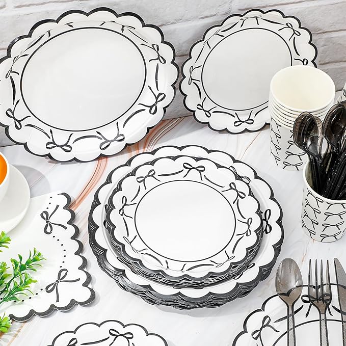 JarThenaAMCS 175 Pcs Black Bow Party Supplies Kit Scalloped Bowknot Tableware Set Disposable Dinnerware Paper Napkin Plate Cup Spoon Fork Knife for 25 Guests Party Favor