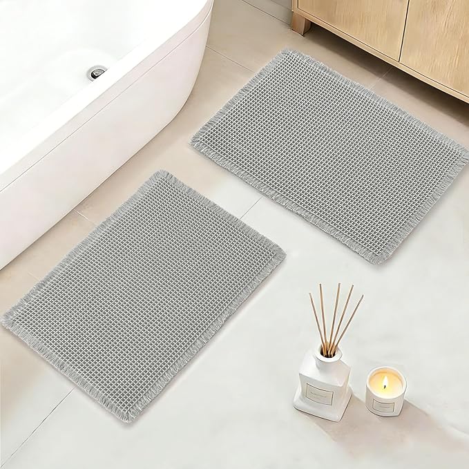 DWCN Waffle Bathroom Mat Set, Super Absorbent Non Slip Bath Rugs Set for Bathroom Floor, Shower Mats 2 Piece for Tub, Washable Kitchen Rugs for Farmhouse Boho Home Decor, 20 x 32 Inch, Grey
