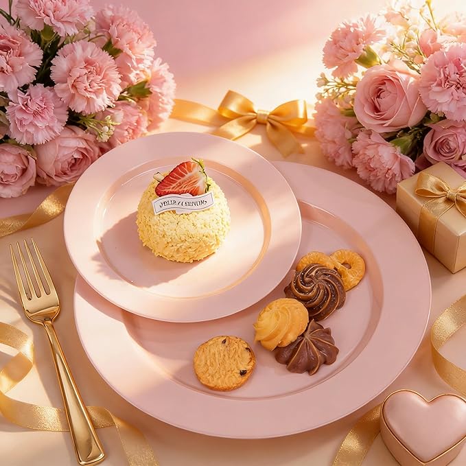 FLOWERCAT 200PCS Pink Plastic Plates Disposable Plates for Party - Heavy Duty Plastic Plates - 100 10" Pink Dinner Plates and 100 7" Pink Salad Plates for Weddings,Parties,Mother's Day