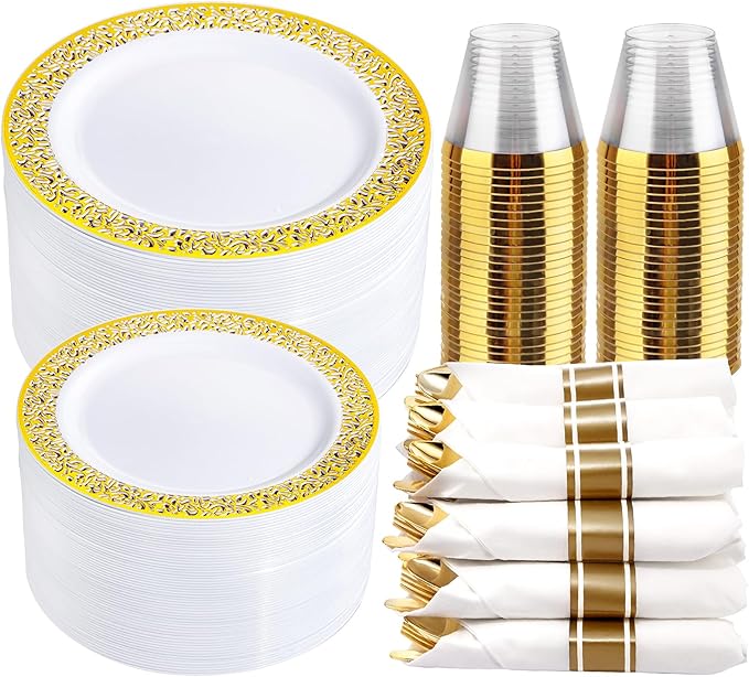 WELLIFE 100 Guests Dinnerware Sets, Gold Plastic Plates, Platos Para Fiestas Elegantes Desechables Include:100 Dinner Plates,100 Dessert Plate,400 Pcs Gold Plastic Silverware, 100 Cups for Party