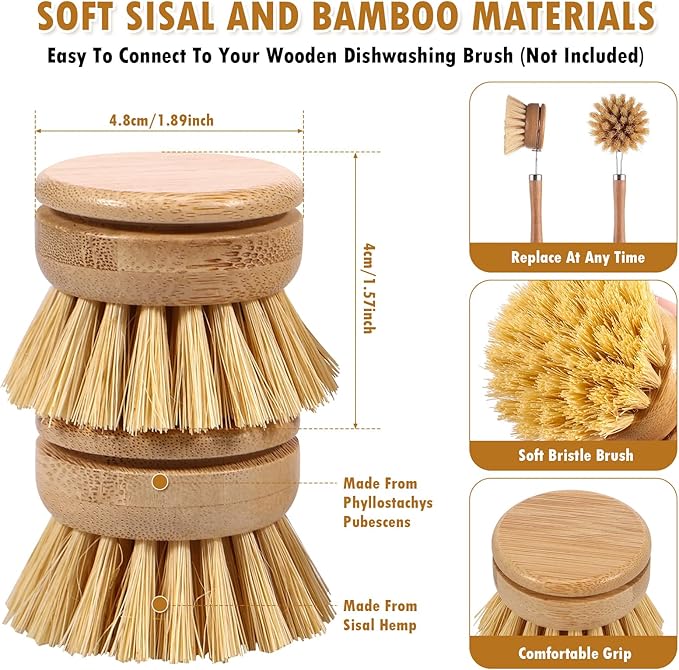 Bamboo Dish Brush, 6 Replacement Heads, Natural Washing Up Brushes Heads, Dish Scrub Brush Replacement Brush Refill, Soft Sisal Bristle Dish Scrubber, Brush for Kitchen Cleaning Pots Pans