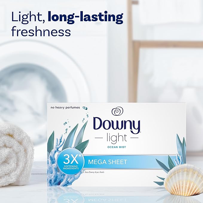 Downy Light Mega Dryer Sheets, Laundry Fabric Softener, Ocean Mist, 130 Count (Pack of 3)