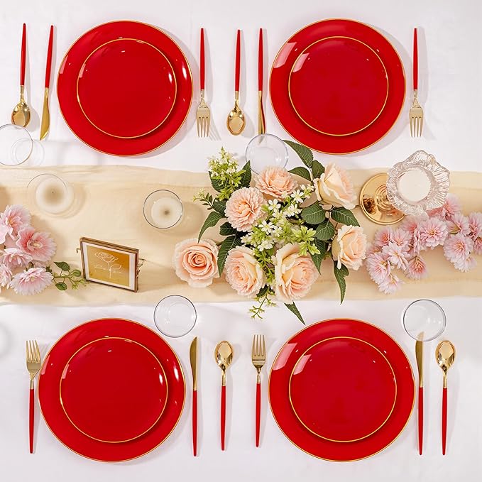 DaYammi 150Pcs Red Plastic Plates with Gold Rim,Fancy Disposable Dinnerware Set with Red Handle Gold Cutlery, Includes 30 Dinner Plate,30 Dessert Plate,30 Knives,30 Forks,30 Spoons for Party Wedding