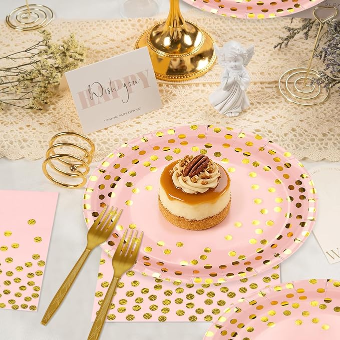 Pink and Gold Paper Plates and Napkins Party Supplies,Serves 25 Guests Pink Gold 9 Inch Plates and Napkins,Disposable Paper Tableware Set for Birthday Wedding Bridal Shower Baby Shower Decorations