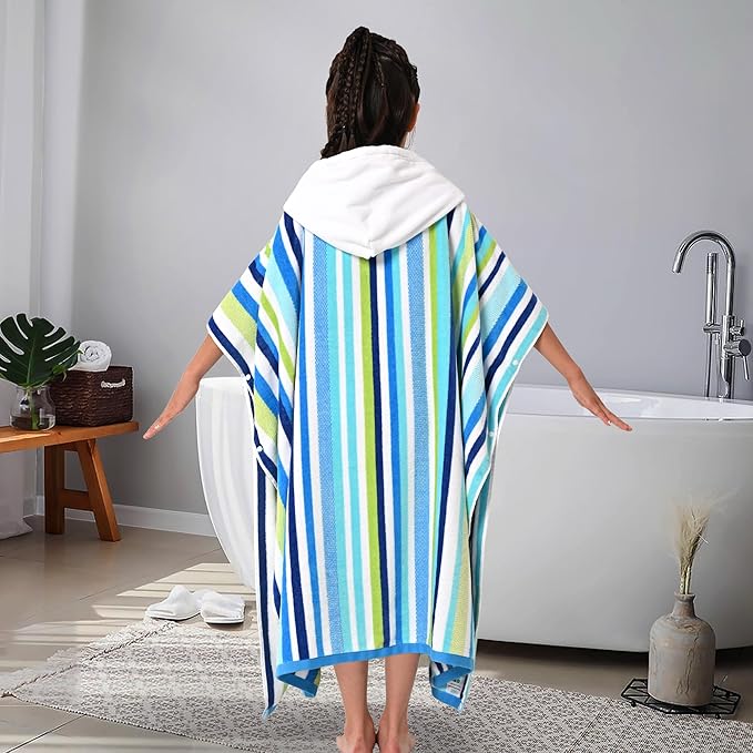 VOOVA & MOVAS Surf Poncho Towels for Teens (8-16Years), 100% Cotton Absorbent Thick Poncho Towel for Big Kids | Boys | Girls, Perfect for Pool, Beach, Bath, Blue Green White Stripe