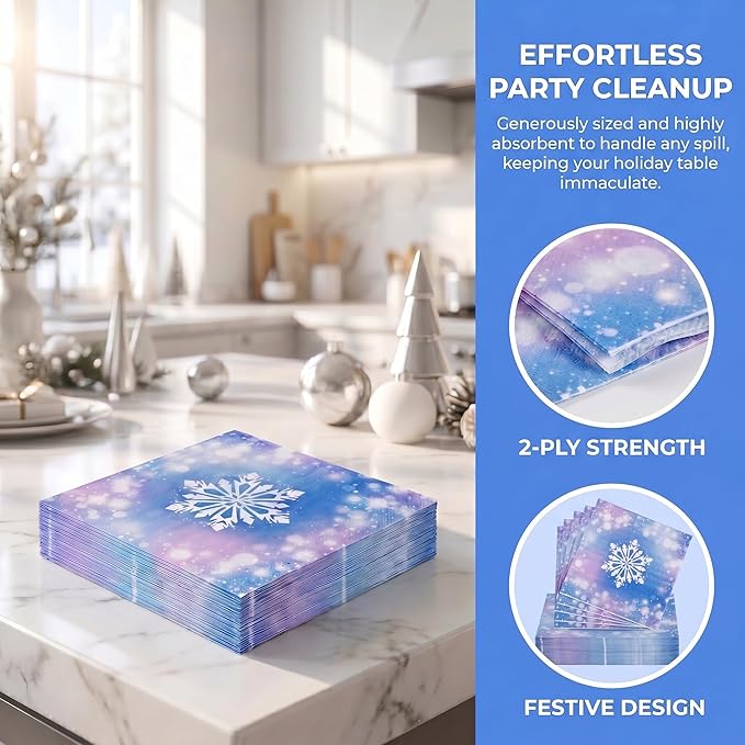 100 Pcs Frozen Party Supplies for 25 Guests, Heavy-Duty 7" & 9" Paper Plates, 2-Ply 13" Napkins & Plastic Forks, Disposable Winter Snowflake Tableware Set for Christmas Holiday Party