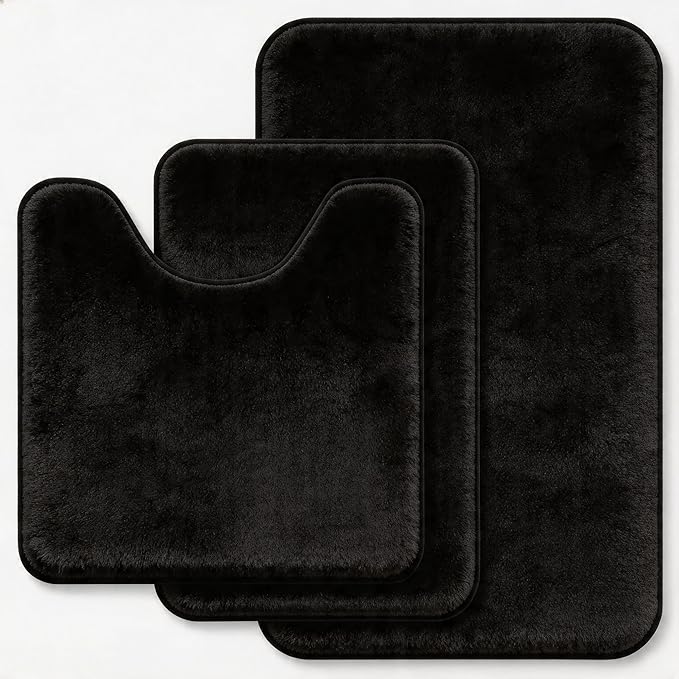 Black Bathroom Rug Set Memory Foam Bath Mats 3 Piece with Toilet Mats, Soft & Supportive, Shock Absorbing, Water Absorbent, Non-Slip Bath Rugs, Machine Washable, Area Rug, Home Decor Accessories