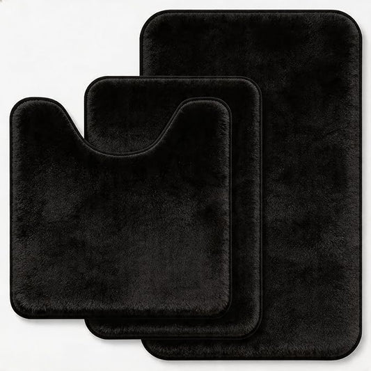 Black Bathroom Rug Set Memory Foam Bath Mats 3 Piece with Toilet Mats, Soft & Supportive, Shock Absorbing, Water Absorbent, Non-Slip Bath Rugs, Machine Washable, Area Rug, Home Decor Accessories