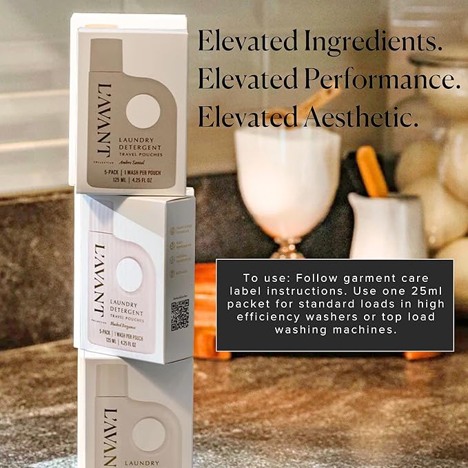 L'AVANT Collective Luxury Travel Laundry Detergent | Ambre Santal | Non-Toxic Concentrated Liquid Laundry Soap Packets | Plant-Based, HE Compatible, Travel Size, Gym, Camping & Rentals | Set of 5