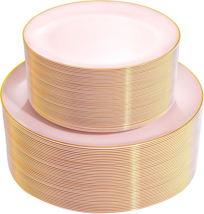 PULOTE 100PCS Pink Plastic Plates - Heavy Duty Pink and Gold Disposable for Party, Wedding, Mother's Day Include 50 Each (Dinner & Dessert) Plates