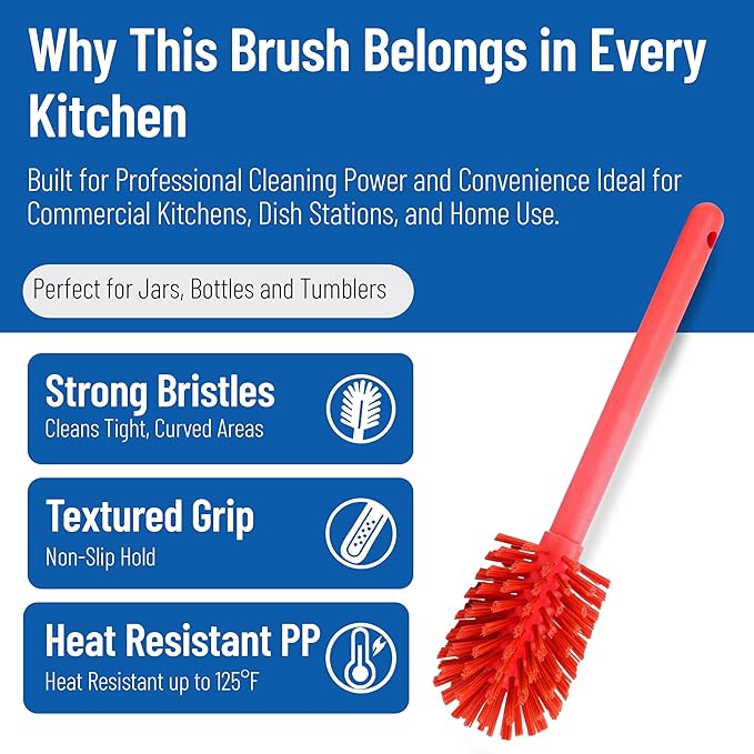 SPARTA Large Water Bottle Brush Ideal for Wide-Mouth Jars, Bottles and Tumblers, Dishwashing Tool with Handle for Home and Commercial Kitchens, Plastic, 12 Inches, Red