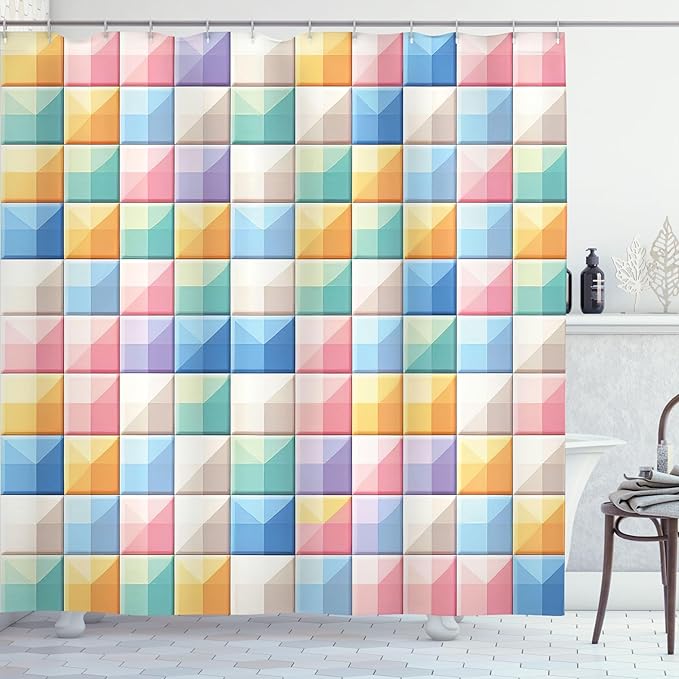 Ambesonne Colorful Shower Curtain, Modern Grid Design Checkered Pastel Tones with Futurist Line Details Colour Jumble, Cloth Fabric Bathroom Decor Set with Hooks, 69" W x 70" L, Multicolor